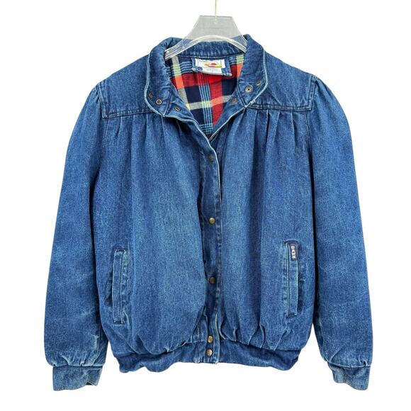 Vintage 80's Dawn Dark Wash Denim Flannel Lined Pleated Boxy Puff Jean Jacket - Picture 12 of 16